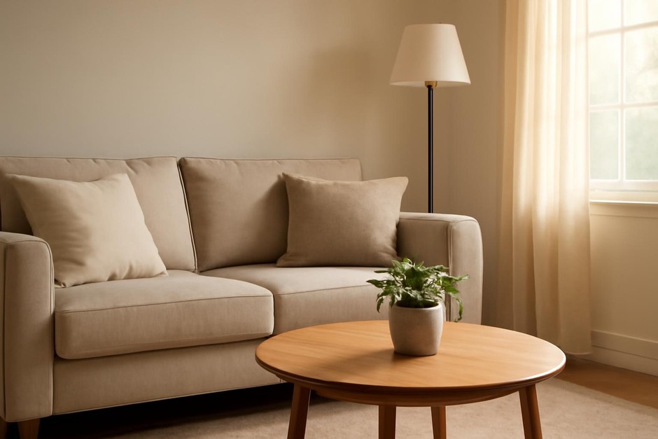 A tidy living room with cushions plumped, a small plant on a table, and soft morning light