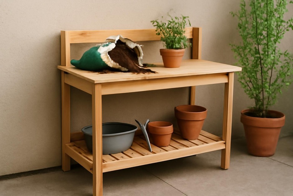 Compact wooden potting bench with potting soil and plants