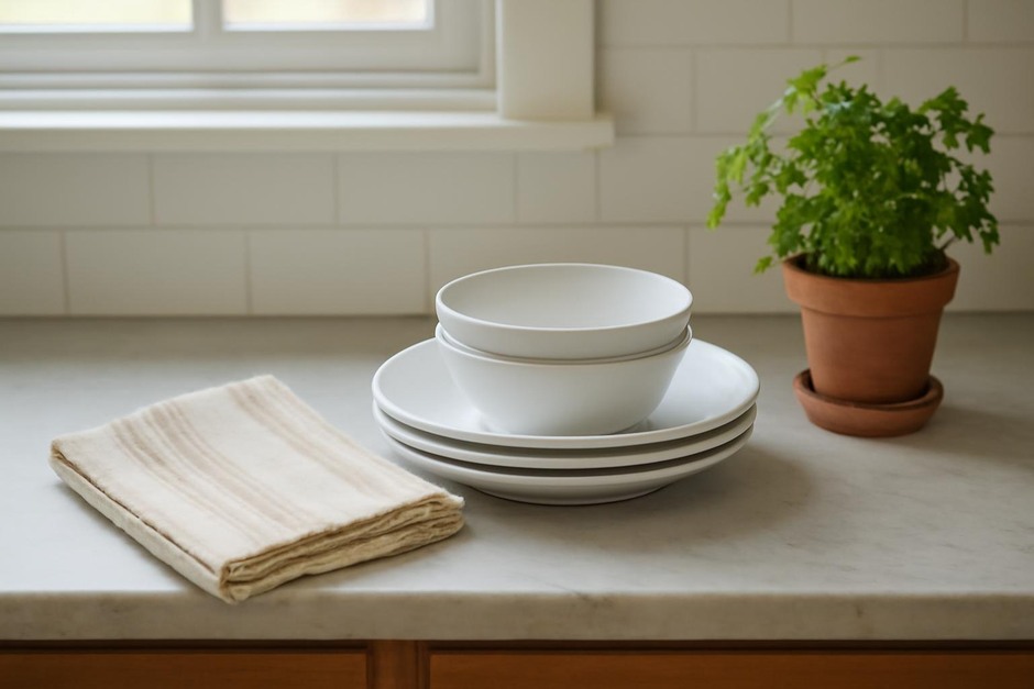 Countertop with a small stack of clean dishes, a towel, and a potted herb