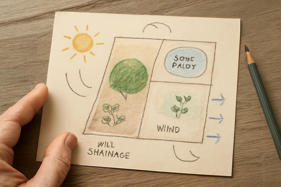 Hand-drawn garden map showing sun hours, soil drainage spots, frost pockets and wind arrows