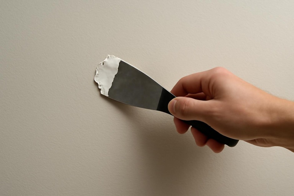 Hand repairing a small hole in a painted wall with putty knife