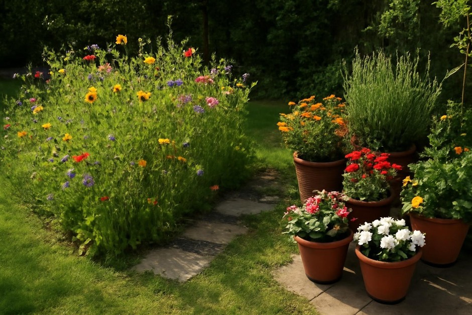 Sunlit small garden with a wildflower patch beside assorted potted blooms