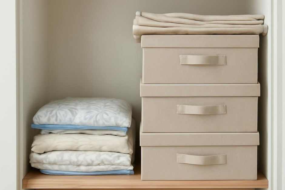 Stacked storage boxes and a compressed bag of linens in a closet