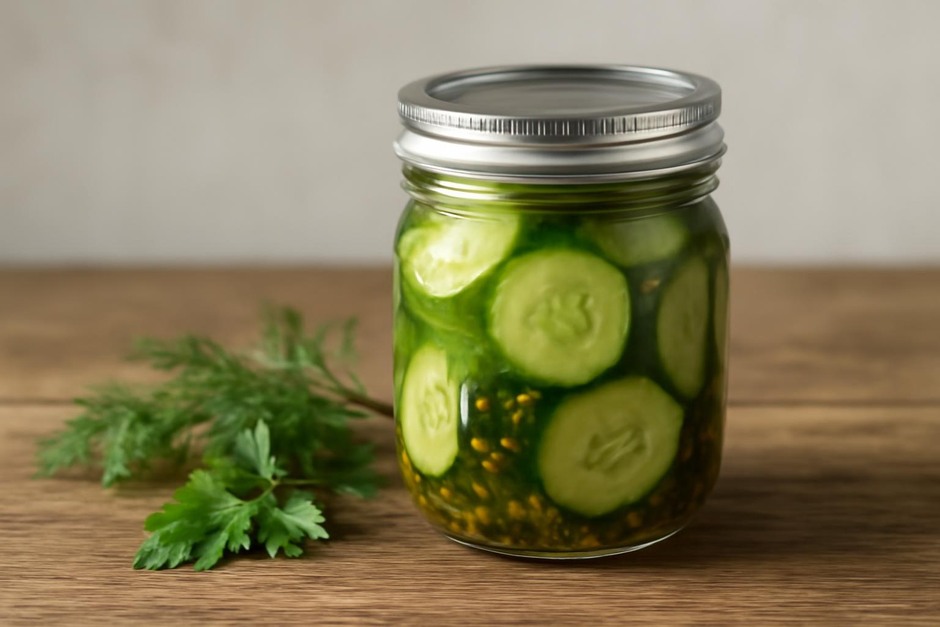 Glass jar of homemade refrigerator pickles on a wooden surface with herbs nearby